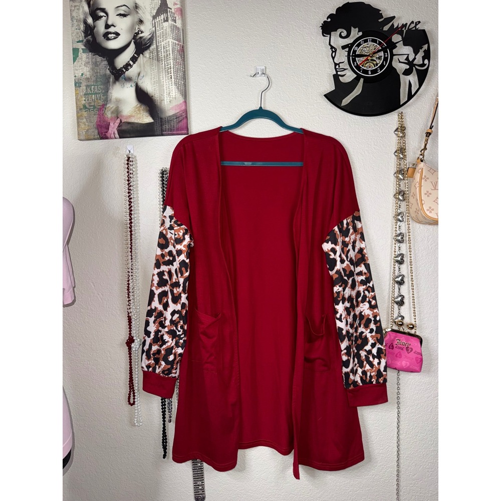 Womens Red Leopard Print Sleeve Open Front Cardigan Longline Pocket Sweater L